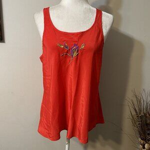 Vtg NATORIOUS Women Red Tank Top Multicolor Embroidered Flower Size L Chiffon